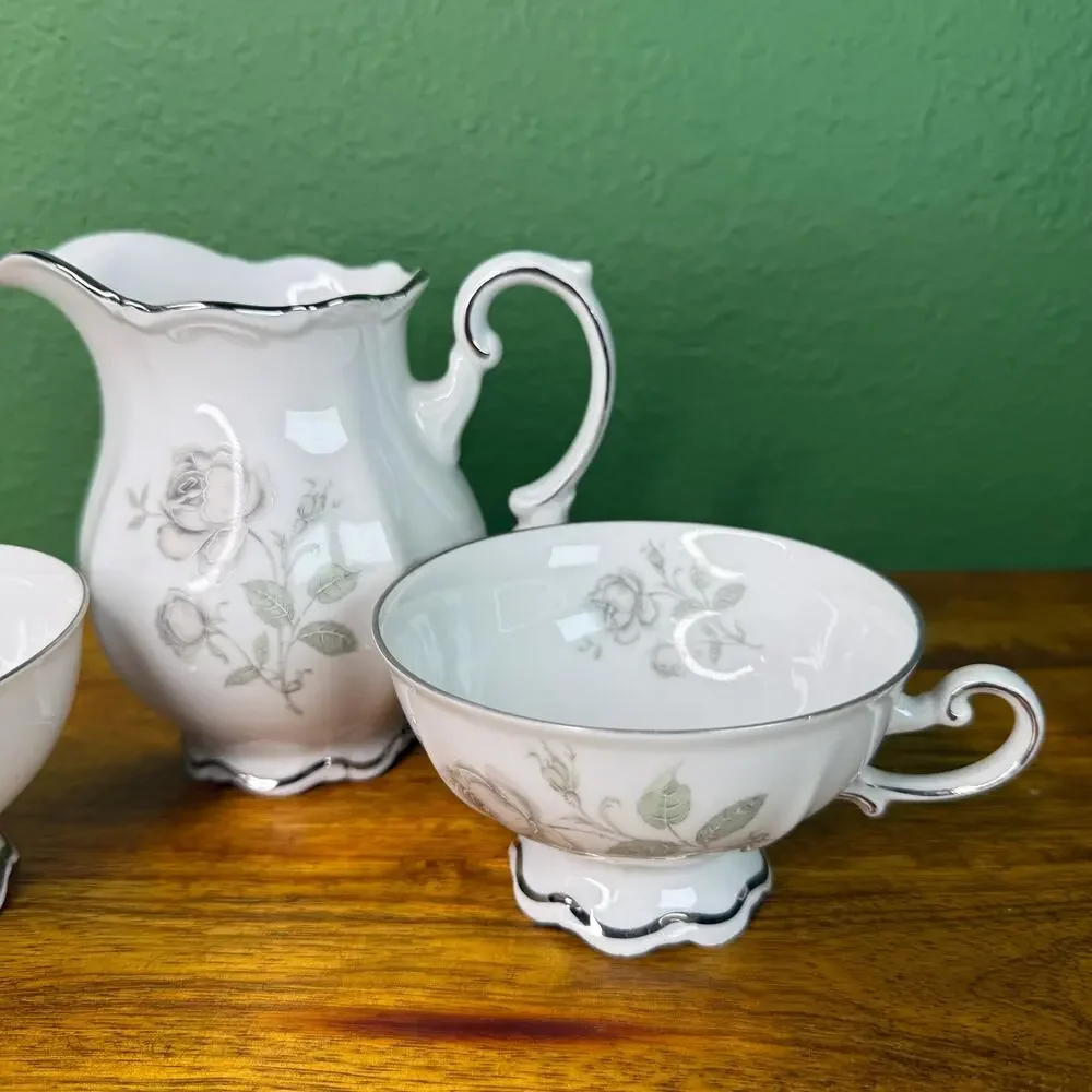 Vintage Mitterteich Mystic Rose Porcelain Tea Cup Set with Creamer